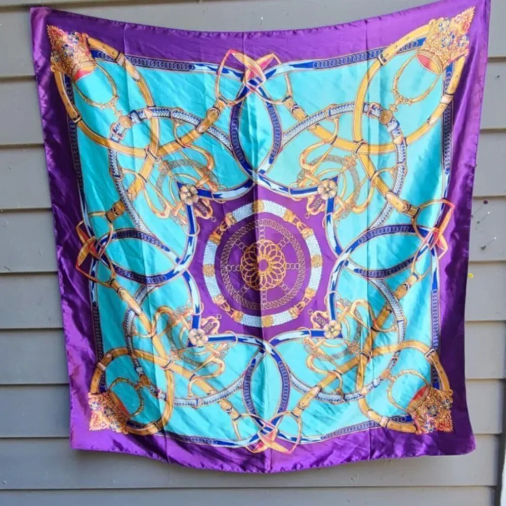 Vintage Satin Purple Blue Gold Horse Bit Scarf